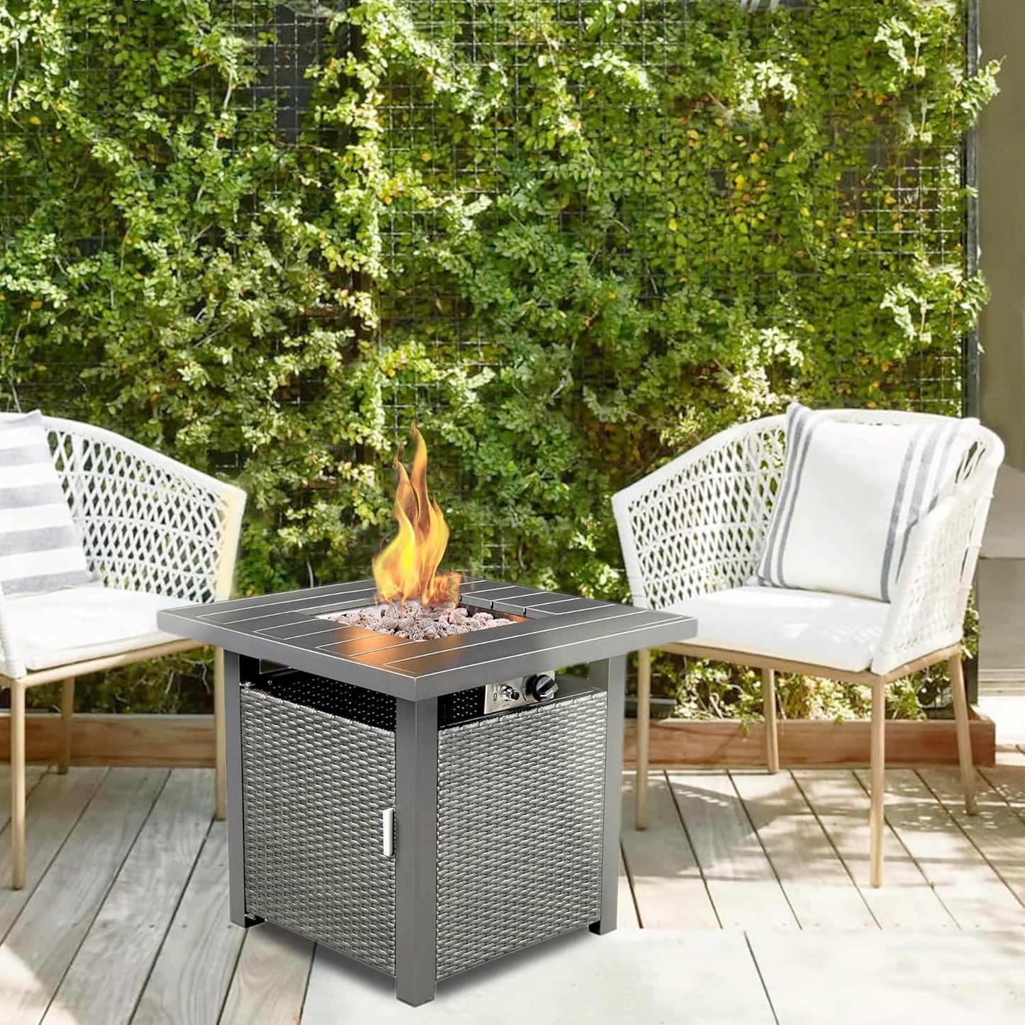 28-Inch Outdoor Propane Fire Pit Table for Patio, 50,000 BTU CSA Certified, Rattan Wicker Aluminum Frame,Grey