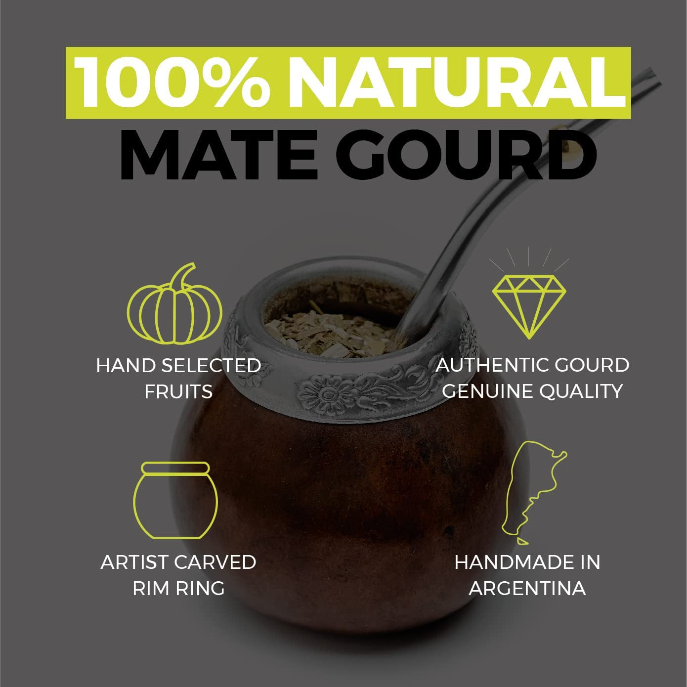 Yerba Mate Gourd Set (Original Natural Handmade Yerba Mate Cup Argentina) - Includes Mate Tea Cup, Bombilla (Yerba Mate Straw) and Clean Brush (Brown)