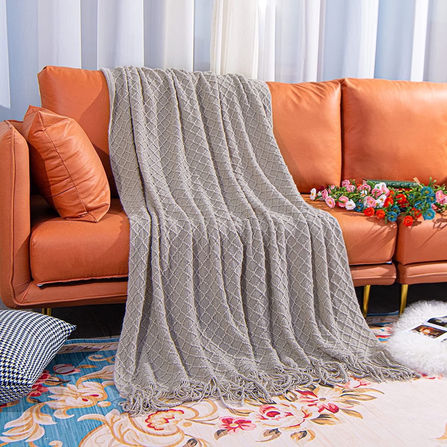 Acrylic Knitted Throw Blanket, Lightweight and Soft Cozy Decorative Woven Blanket with Tassels for Travel, Couch, Bed, Sofa, 51X67 Inches, Taupe Checkered