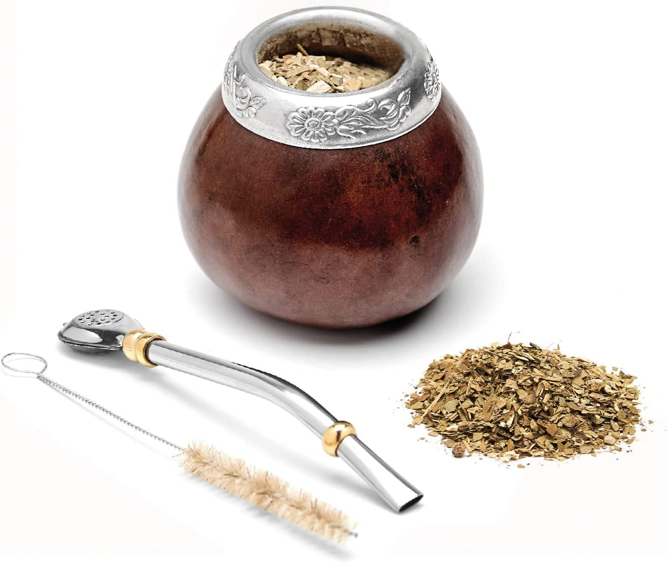 Yerba Mate Gourd Set (Original Natural Handmade Yerba Mate Cup Argentina) - Includes Mate Tea Cup, Bombilla (Yerba Mate Straw) and Clean Brush (Brown)