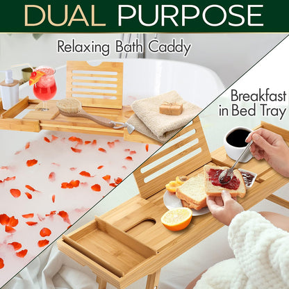 Bath Caddy Breakfast Tray Combo - Natural Bamboo Wood Waterproof Tub and Bed with Folding Slide-Out Arms, Device Grooves, Wine Glass Soap Holder