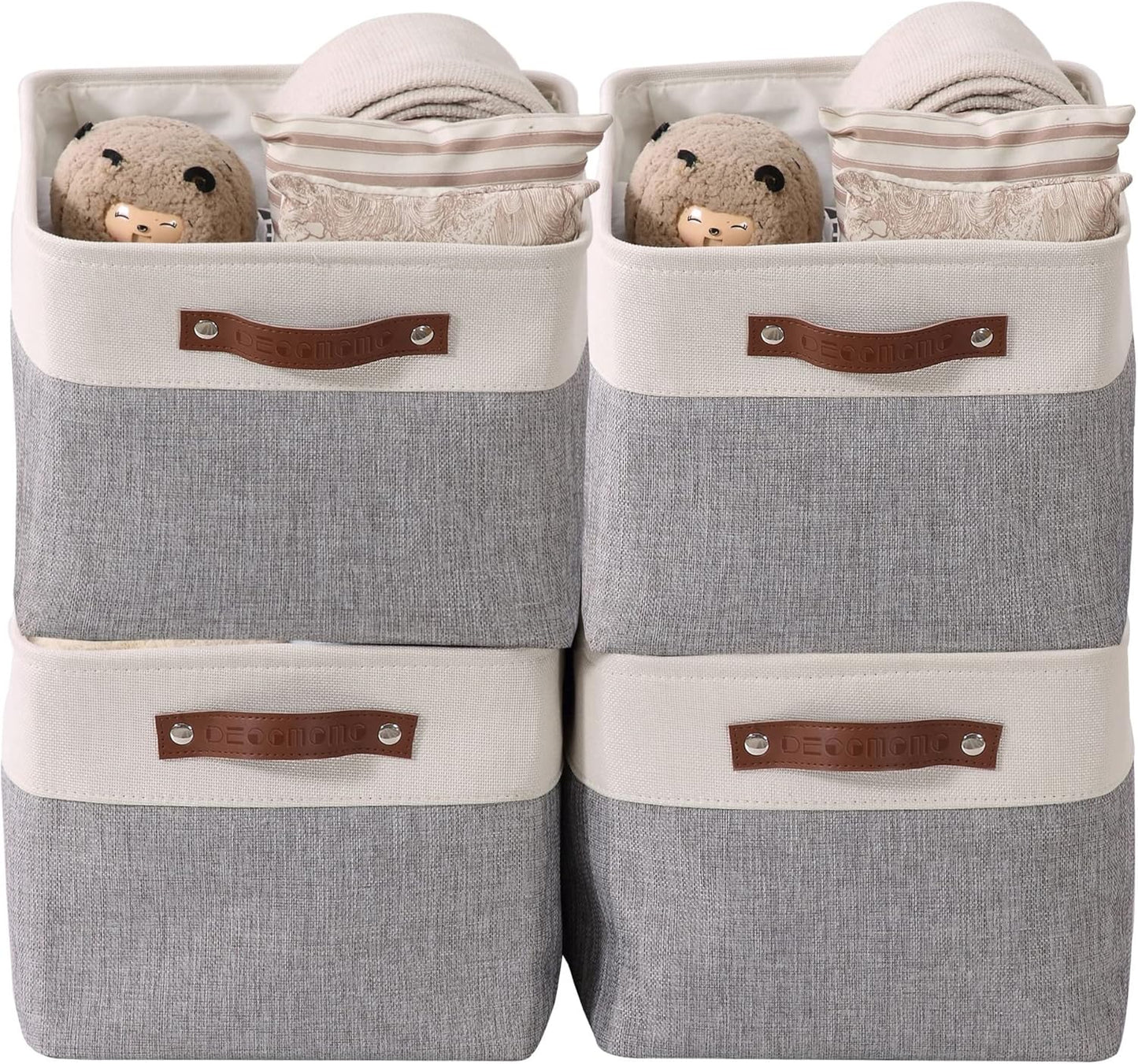 Storage Bins Fabric Storage Baskets for Shelves, Linen Closet Organization Toys Nursery (Grey and White, Large - 4 Pack)