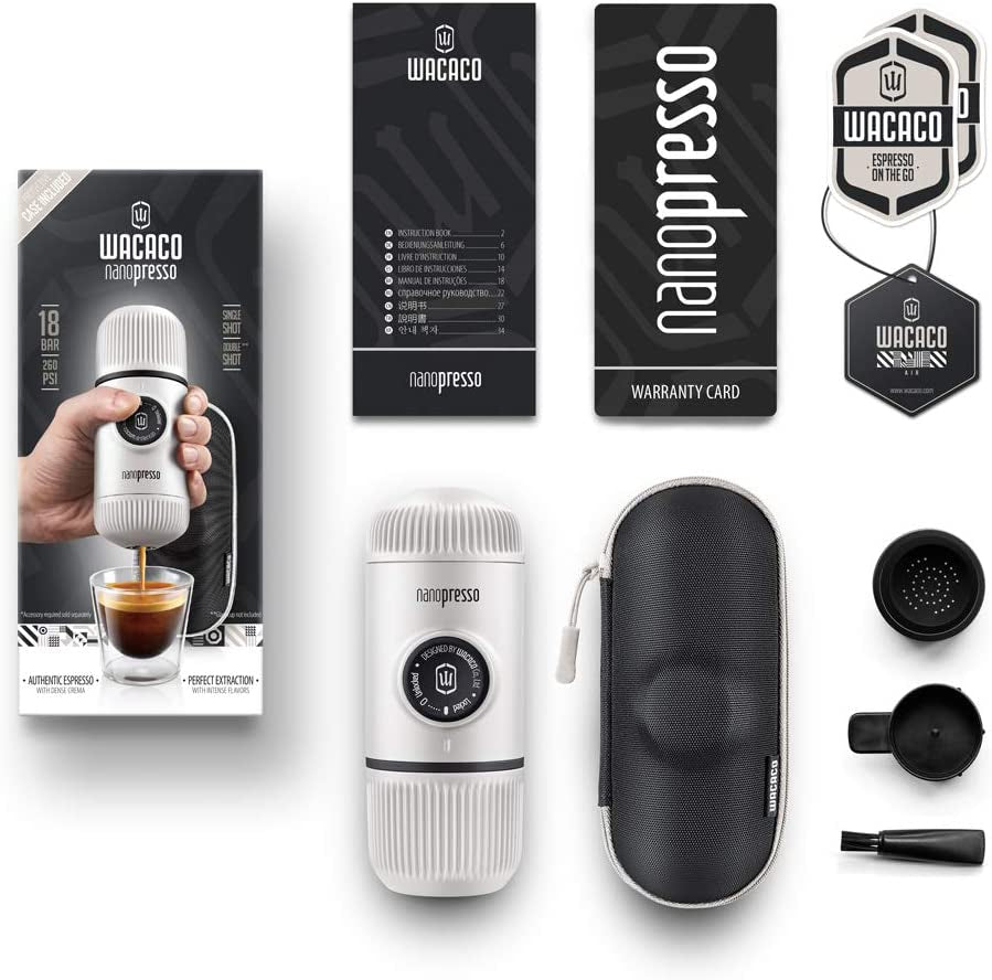 Nanopresso Portable Espresso Maker Bundled with Protective Case, Upgrade Version, Mini Travel Coffee Machine, Perfect for Camping, Travel and Office (Elements Chill White)