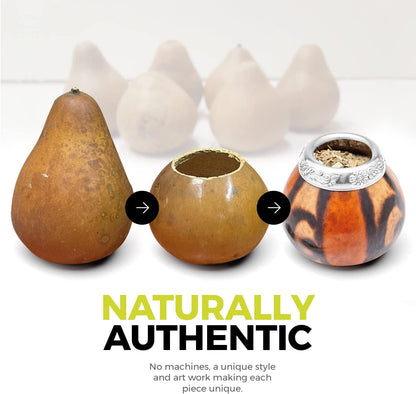 Yerba Mate Gourd Set (Original Natural Handmade Yerba Mate Cup Argentina) - Includes Mate Tea Cup, Bombilla (Yerba Mate Straw) and Clean Brush - Classic Mate Cup and Bombilla Set