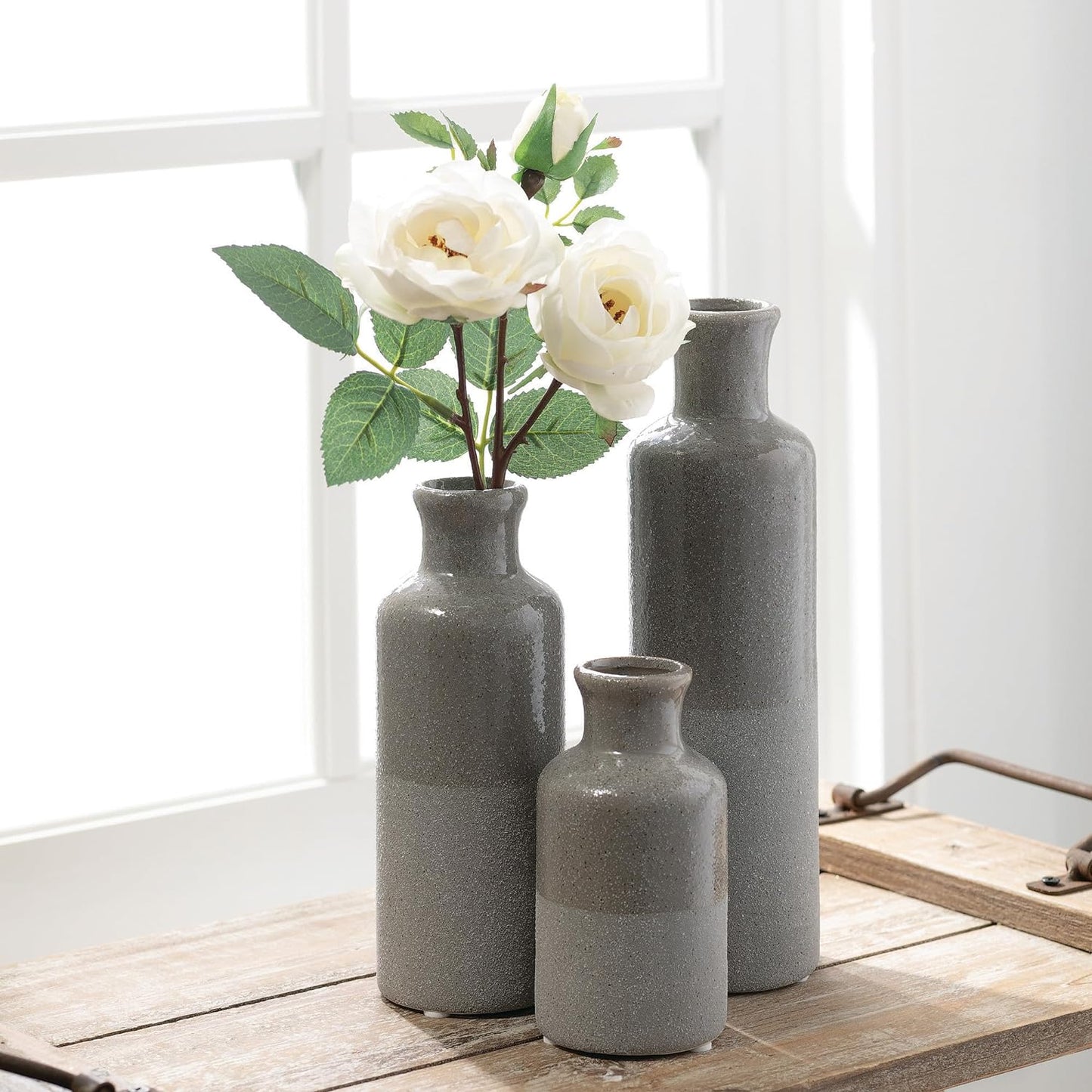 Ceramic Vase Set, Three (3) Grey Vases Home Decor, Gray Decorative Bottles, Gray Vases for Centerpieces Home Decoration CM2859