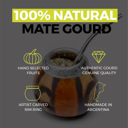 Yerba Mate Gourd Set (Original Natural Handmade Yerba Mate Cup Argentina) - Includes Mate Tea Cup, Bombilla (Yerba Mate Straw) and Clean Brush - Classic Mate Cup and Bombilla Set