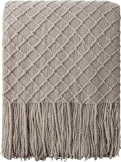 Acrylic Knitted Throw Blanket, Lightweight and Soft Cozy Decorative Woven Blanket with Tassels for Travel, Couch, Bed, Sofa, 51X67 Inches, Taupe Checkered