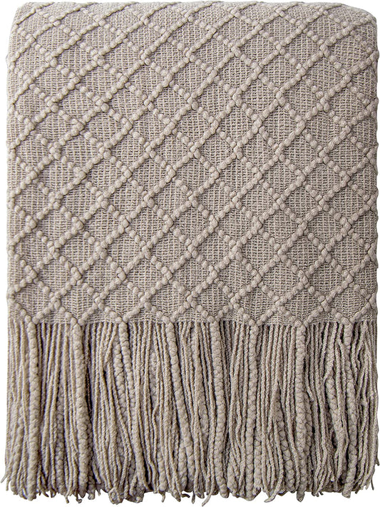 Acrylic Knitted Throw Blanket, Lightweight and Soft Cozy Decorative Woven Blanket with Tassels for Travel, Couch, Bed, Sofa, 51X67 Inches, Taupe Checkered