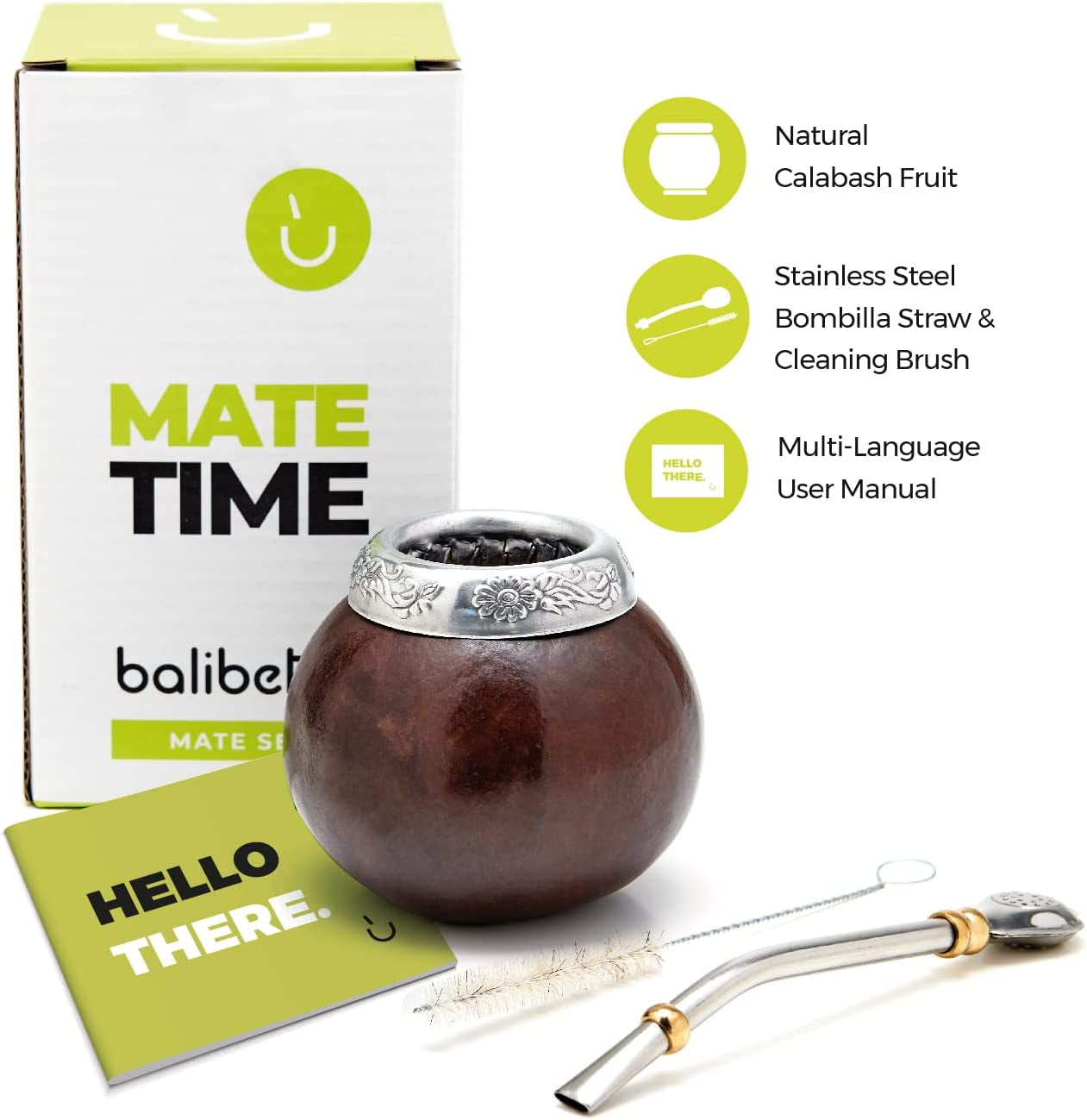 Yerba Mate Gourd Set (Original Natural Handmade Yerba Mate Cup Argentina) - Includes Mate Tea Cup, Bombilla (Yerba Mate Straw) and Clean Brush (Brown)